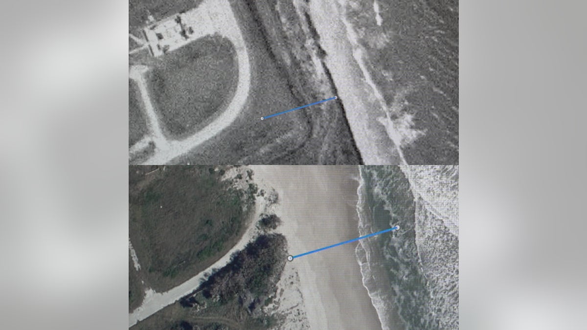 Models project that the ocean near Cape Canaveral’s coastline will rise between five to eight inches by the 2050s. The top photo shows the distance between a launch site and the coastline during the 1960's. The bottom photo shows the current proximity of the coastline to the same historic launch site.