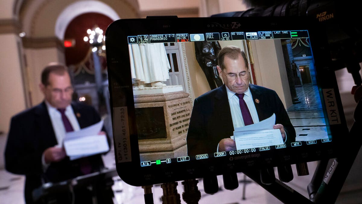 House Judiciary Committee Chairman Jerrold Nadler, D-N.Y., prepares for a tv news interview at the Capitol in Washington, Friday, July 26, 2019. Nadler says his panel also will go to court next week to try to enforce a subpoena against former White House counsel Donald McGahn, a key Mueller witness. (AP Photo/J. Scott Applewhite)