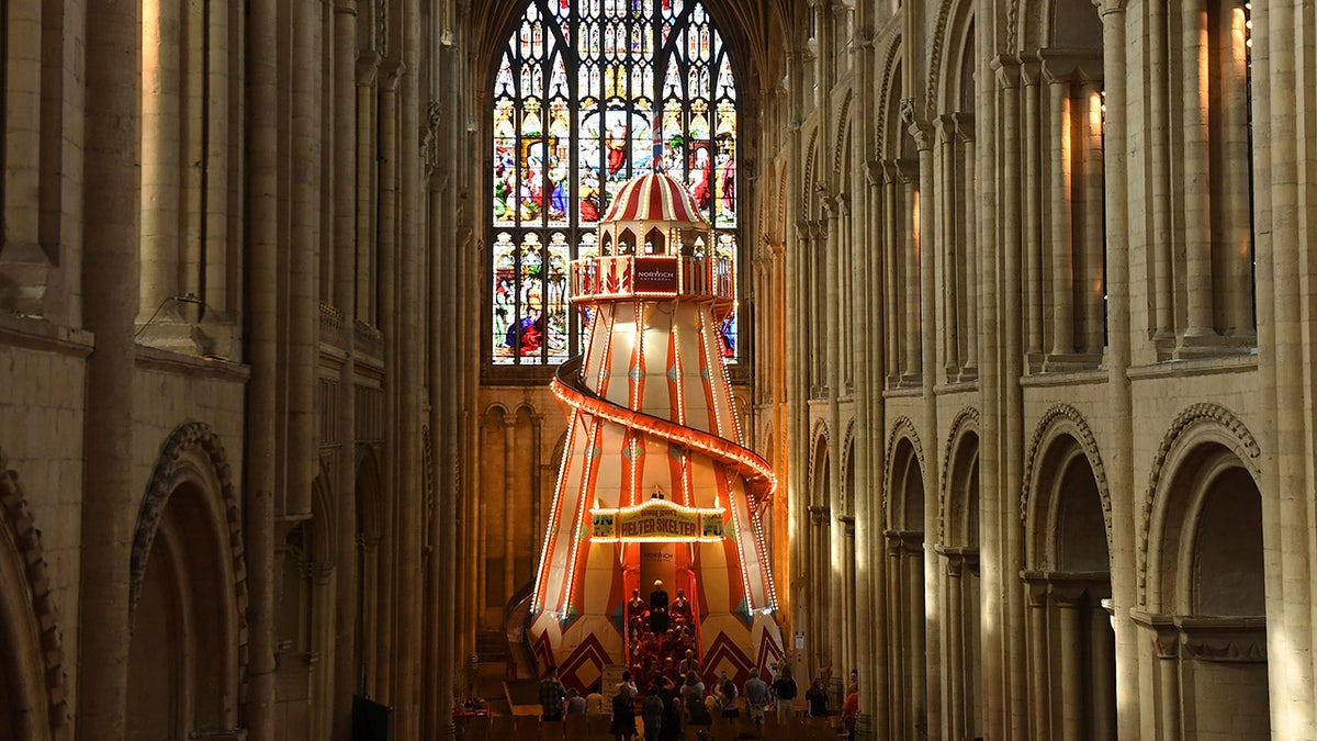 A large helter-skelter is installed inside Norwich Cathedral, in Norwich, England as part of the 'Seeing It Differently' project which aims to give people the chance to experience the Cathedral in an entirely new way and open up conversations about faith, Thursday Aug. 8, 2019.