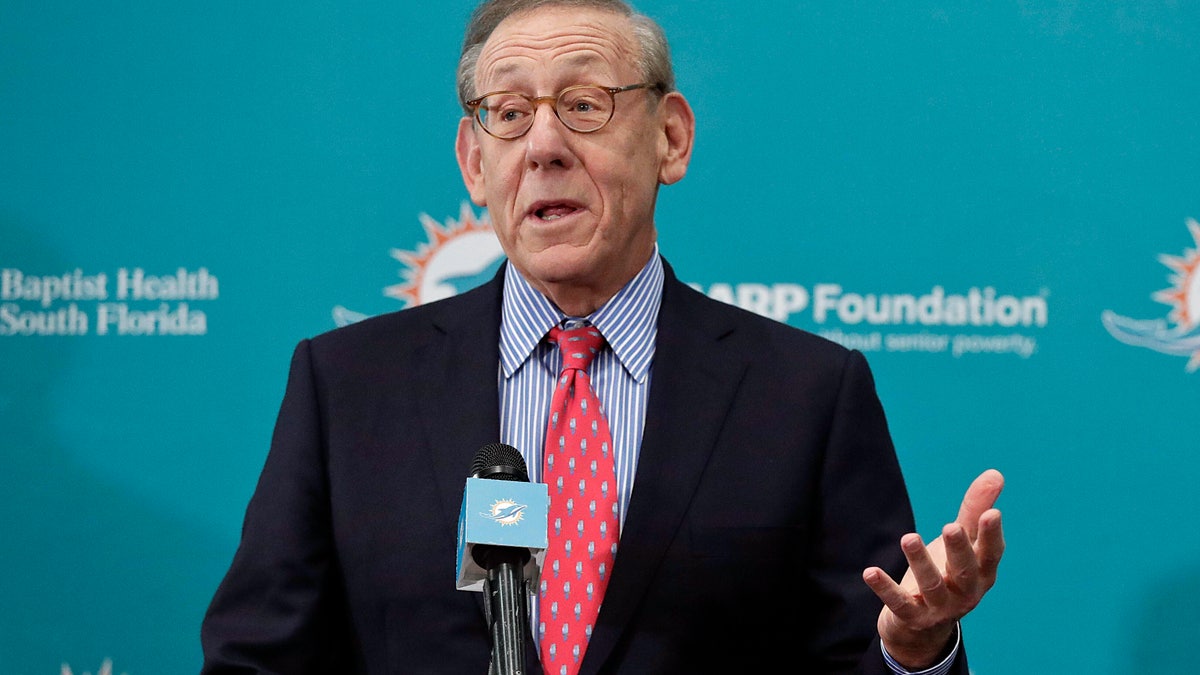 In this Feb. 4, 2019, file photo, Miami Dolphins owner Stephen Ross speaks in Davie, Fla. Ross, a billionaire New York investor who is hosting a high-dollar fundraiser for President Donald Trump also has a financial interest in the president’s business empire. (AP Photo/Brynn Anderson, File)