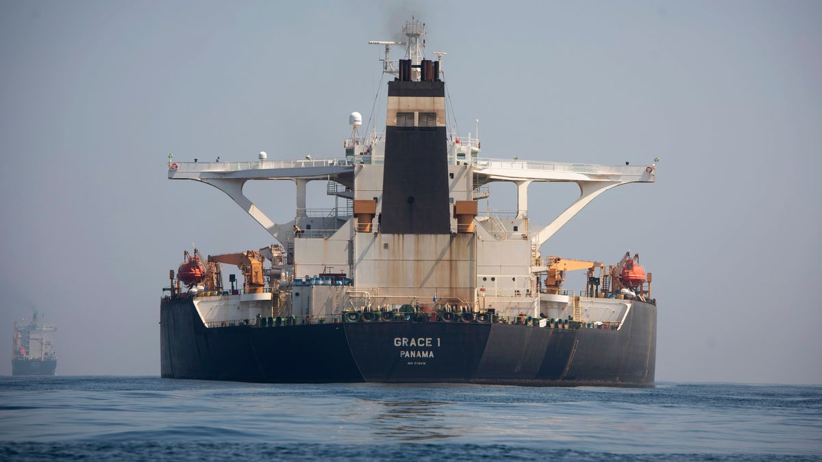 A stern view of the Grace 1 super tanker in the British territory of Gibraltar on Thursday.