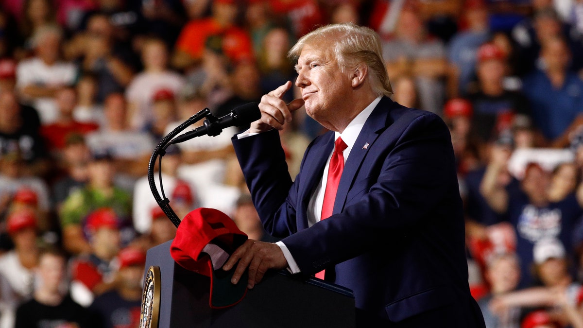 President Donald Trump speaks at a campaign rally, Thursday, Aug. 15, 2019, in Manchester, N.H. (Associated Press)