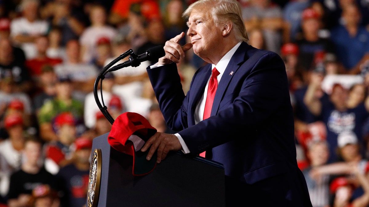 President Donald Trump speaks at a campaign rally, Thursday, Aug. 15, 2019, in Manchester, N.H. (Associated Press)