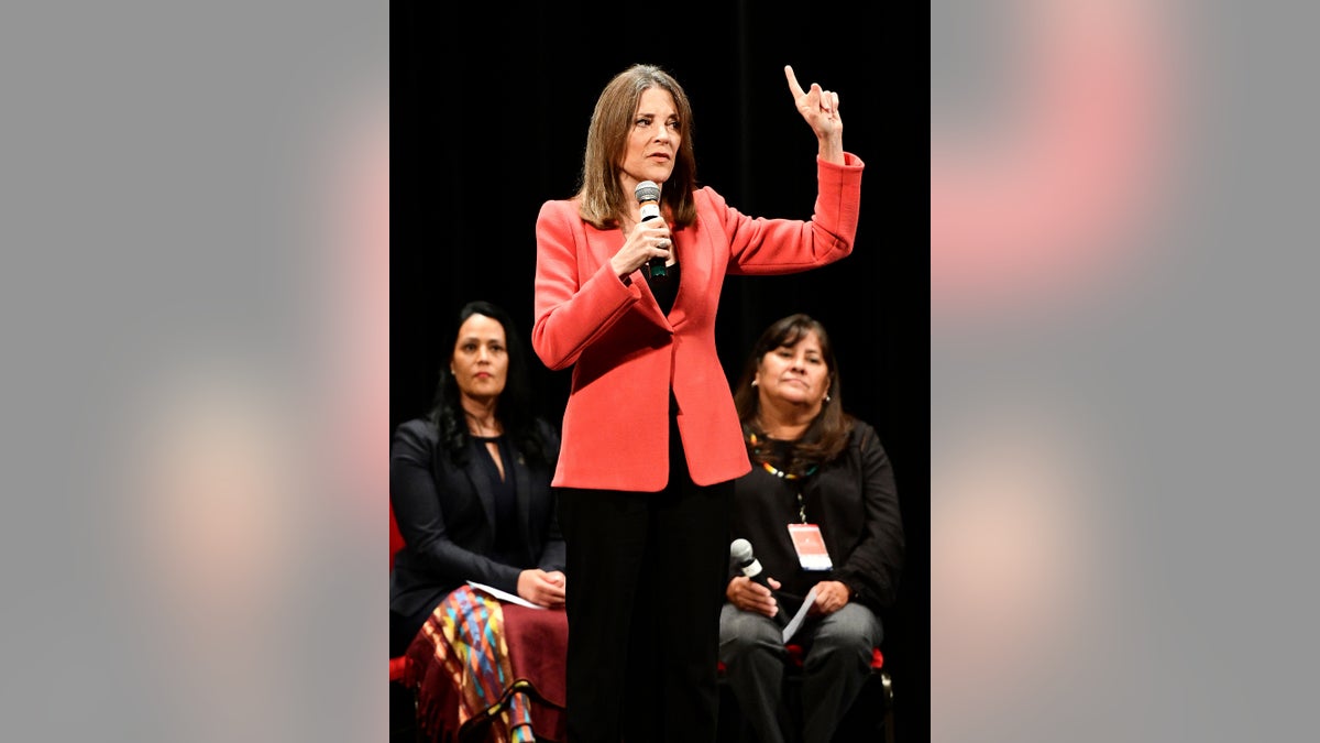 Marianne Williamson, seen here speaking Monday in Iowa, announced details in her plane to crate a "Department of Peace." (Tim Hynds/Sioux City Journal via AP)