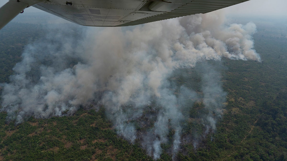 Fire consumes an area near Porto Velho, Brazil, Friday, Aug. 23, 2019. Brazilian state experts have reported a record of nearly 77,000 wildfires across the country so far this year, up 85% over the same period in 2018. Brazil contains about 60% of the Amazon rainforest, whose degradation could have severe consequences for global climate and rainfall. (AP Photo/Victor R. Caivano)