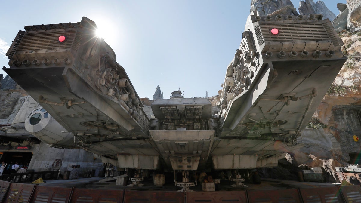 A view near the entrance to the Millennium Falcon Smugglers Run ride is seen during a preview of the Star Wars themed land, Galaxy's Edge in Hollywood Studios at Disney World, Tuesday, Aug. 27, 2019, in Lake Buena Vista, Fla. The attraction will open Thursday to park guests. (AP Photo/John Raoux)