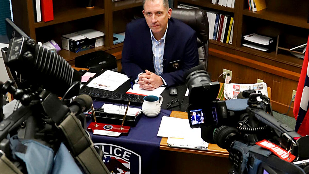 In this Thursday, Aug. 29, 2019, photo, acting Fort Smith, Ark., Police Chief Danny Baker answers questions during a news conference at the police department in Fort Smith.