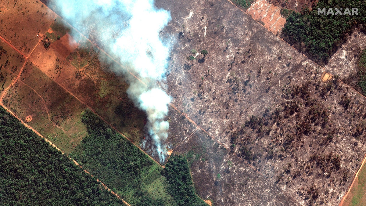 Fires burning in the State of Rondonia, Brazil, in the upper Amazon River basin. Brazil's National Institute for Space Research, a federal agency monitoring deforestation and wildfires, said the country has seen a record number of wildfires this year, an 84 percent increase compared to the same period last year. 