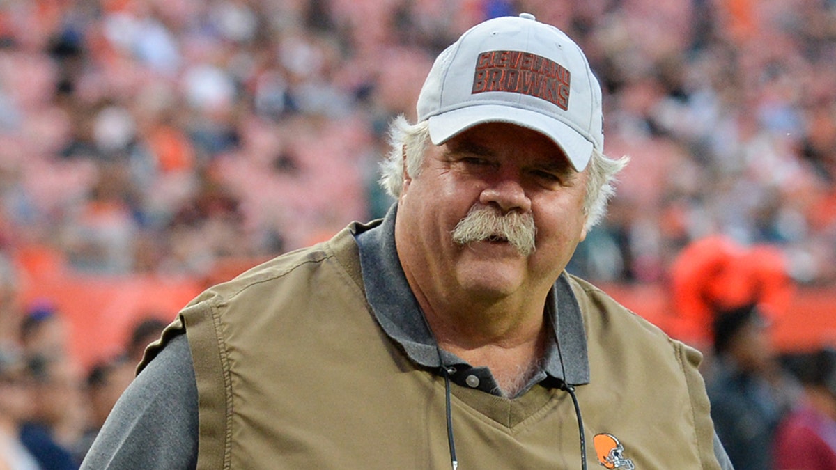 Offensive line coach Bob Wylie of the Cleveland Browns on the field prior to a preseason game against the Philadelphia Eagles on August 23, 2018 at FirstEnergy Stadium in Cleveland, Ohio. (Photo by: 2018 Nick Cammett/Diamond Images/Getty Images)