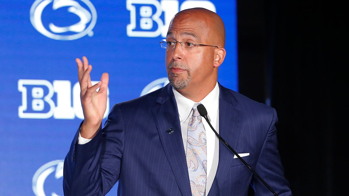 FILE - In this July 19, 2019, file photo, Penn State head coach James Franklin responds to a question during the Big Ten Conference NCAA college football media days in Chicago. The Nittany Lions return just 11 seniors from last season’s 9-4 team that finished third in the Big Ten East. Penn State has 55 first- or second-year players.