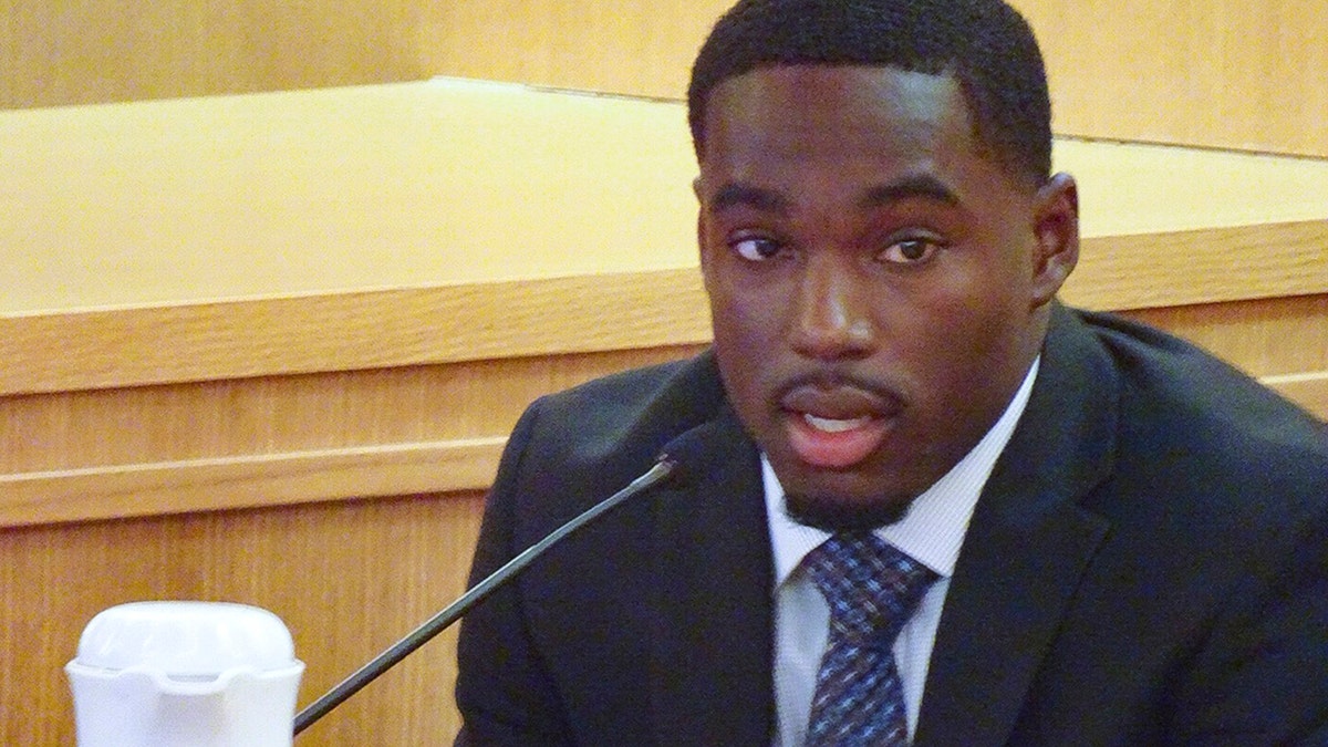 FILE - In this Aug. 2, 2019, file photo, former Wisconsin football player Quintez Cephus testifies during his trial in Madison, Wis. Cephus says going back to school is his top priority after a jury found him not guilty last week of sexual assault charges. The wide receiver tells the Milwaukee Journal Sentinel in a story published Tuesday, Aug. 6 that he doesn't know if he will return to the University of Wisconsin or another college. (Ed Treleven/Wisconsin State Journal via AP, File)