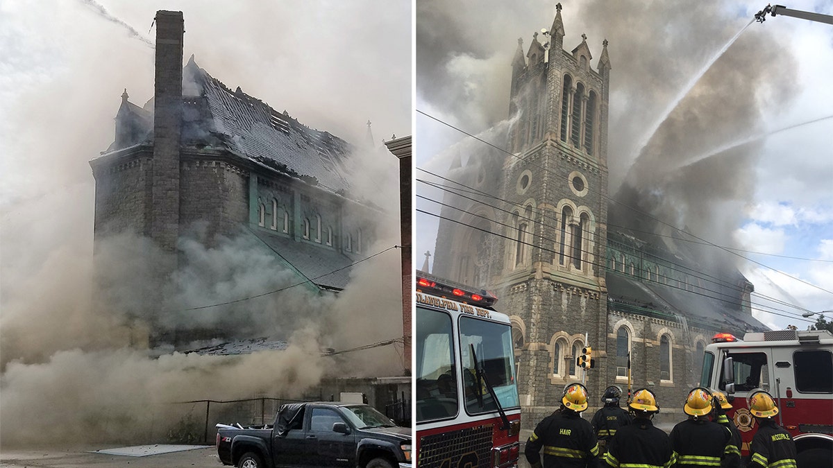 Firefighters using "heavy caliber water streams" in an attempt to put out a massive fire at the Greater Bible Way Temple on Tuesday.