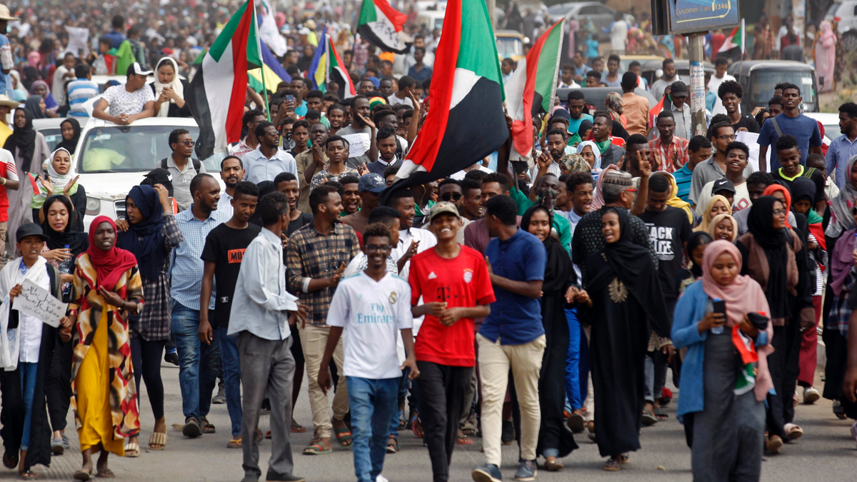 Sudanese protesters march during a demonstration in the capital Khartoum, Sudan, Thursday, Aug. 1, 2019. Sudanese pro-democracy activists have posted videos on social media showing thousands of people taking to the streets in the capital, Khartoum. 