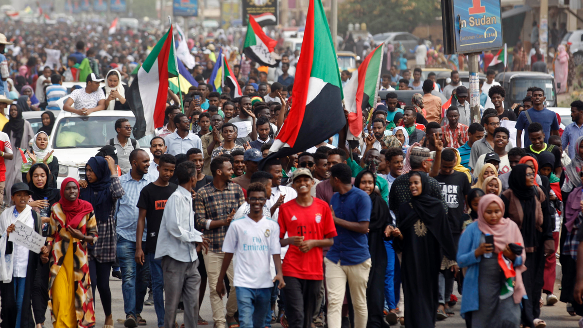 Sudanese protesters march during a demonstration in the capital Khartoum, Sudan, Thursday, Aug. 1, 2019. Sudanese pro-democracy activists have posted videos on social media showing thousands of people taking to the streets in the capital, Khartoum.