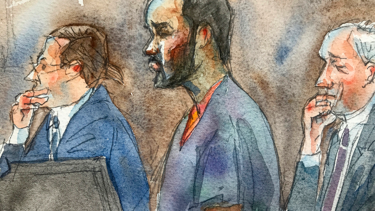 In this courtroom sketch, R&B singer R. Kelly, center, listens in federal court with his attorneys Doug Anton, left, and Steve Greenberg during his arraignment, Friday, Aug. 2, 2019 in New York. Kelly pleaded not guilty to federal charges he sexually abused women and girls. The 52-year-old Kelly was denied bail in a Brooklyn courtroom packed with his supporters. (Aggie Kenny via AP)