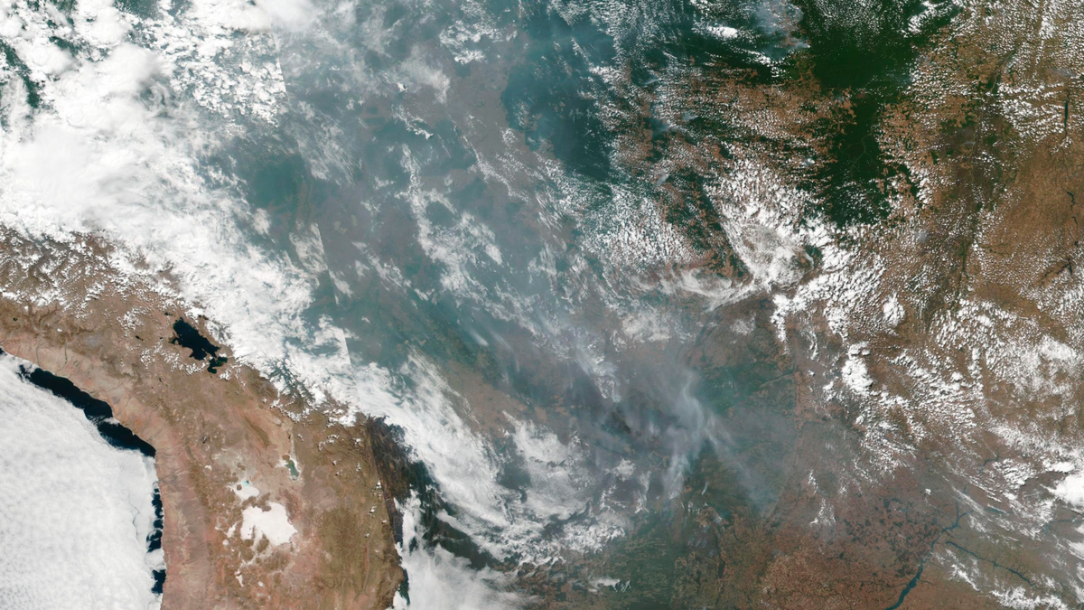 This satellite image provided by NASA shows the fires in Brazil on Aug. 20, 2019. As fires raged in the Amazon rainforest, the Brazilian government on Thursday denounced international critics who say President Jair Bolsonaro is not doing. (NASA via AP)