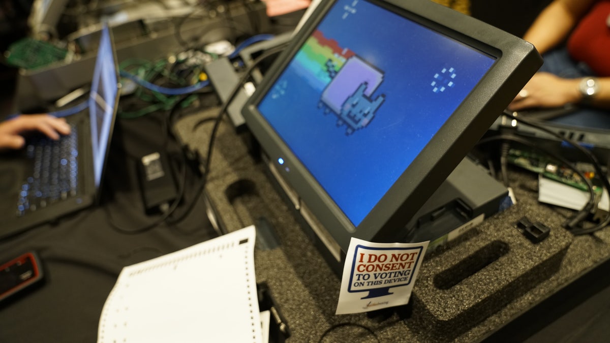 A piece of U.S. elections equipment is hacked at the DEF CON 27 Voting VIllage in Las Vegas to show an animated "Nyan Cat," among other things.(Fox News)