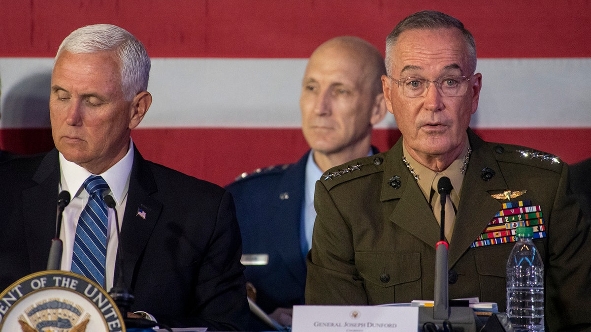 Marine Corps Gen Joe Dunford, chairman of the Joint Chiefs of Staff, delivers remarks at the sixth meeting of the National Space Council, Tuesday, Aug. 20, 2019.