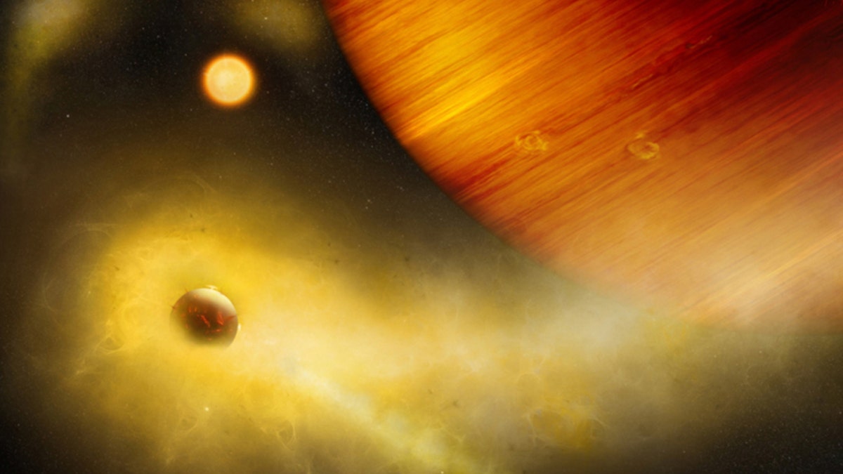 Artist's composition of a volcanic exo-Io undergoing extreme mass loss. The hidden exomoon is enshrouded in an irradiated gas cloud shining in bright orange-yellow, as would be seen with a sodium filter. Patches of sodium clouds are seen to trail the lunar orbit, possibly driven by the gas giant's magnetosphere. (Credit: University of Bern, Roger Thibaut)