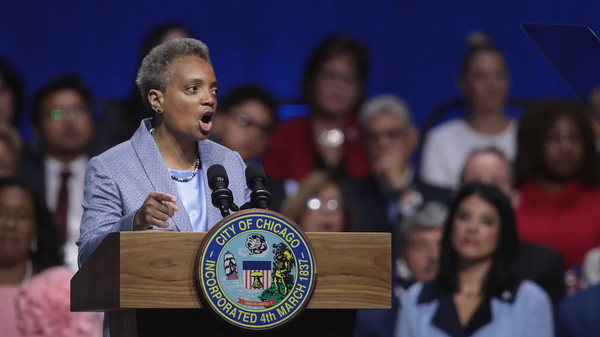 CHICAGO, ILLINOIS - MAY 20: Lori Lightfoot addresses guests after being sworn in as Mayor of Chicago during a ceremony at the Wintrust Arena on May 20, 2019 in Chicago, Illinois. Lightfoot become the first black female and openly gay Mayor in the city’s history. (Photo by Scott Olson/Getty Images)