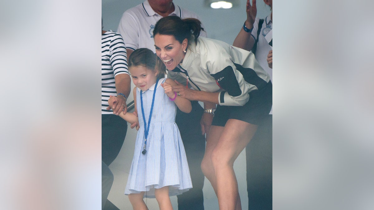 Princess Charlotte and Catherine, Duchess of Cambridge attend the presentation following the King's Cup Regatta on Aug. 8, 2019 in Cowes, England. (Photo by Samir Hussein/WireImage)