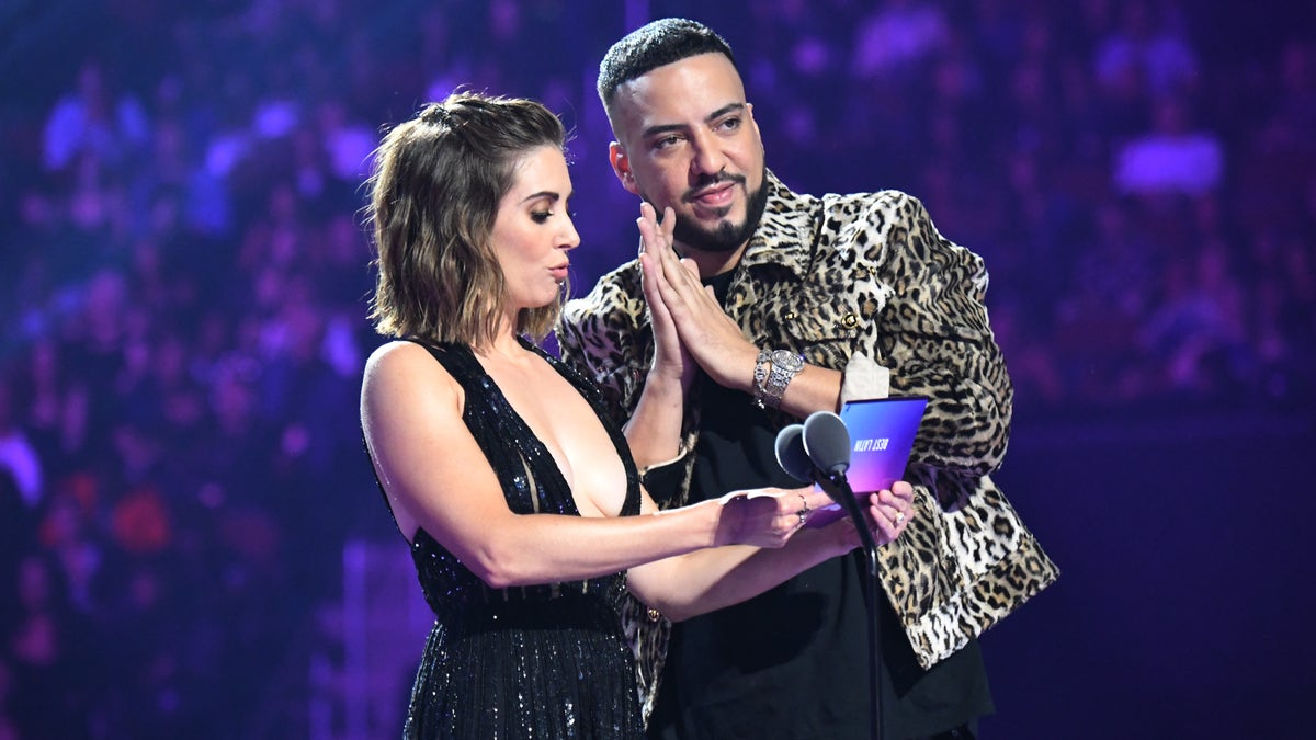 Alison Brie and French Montana onstage during the 2019 MTV Video Music Awards at Prudential Center on Aug. 26, 2019 in Newark, N.J. (Photo by Jeff Kravitz/FilmMagic via Getty Images)