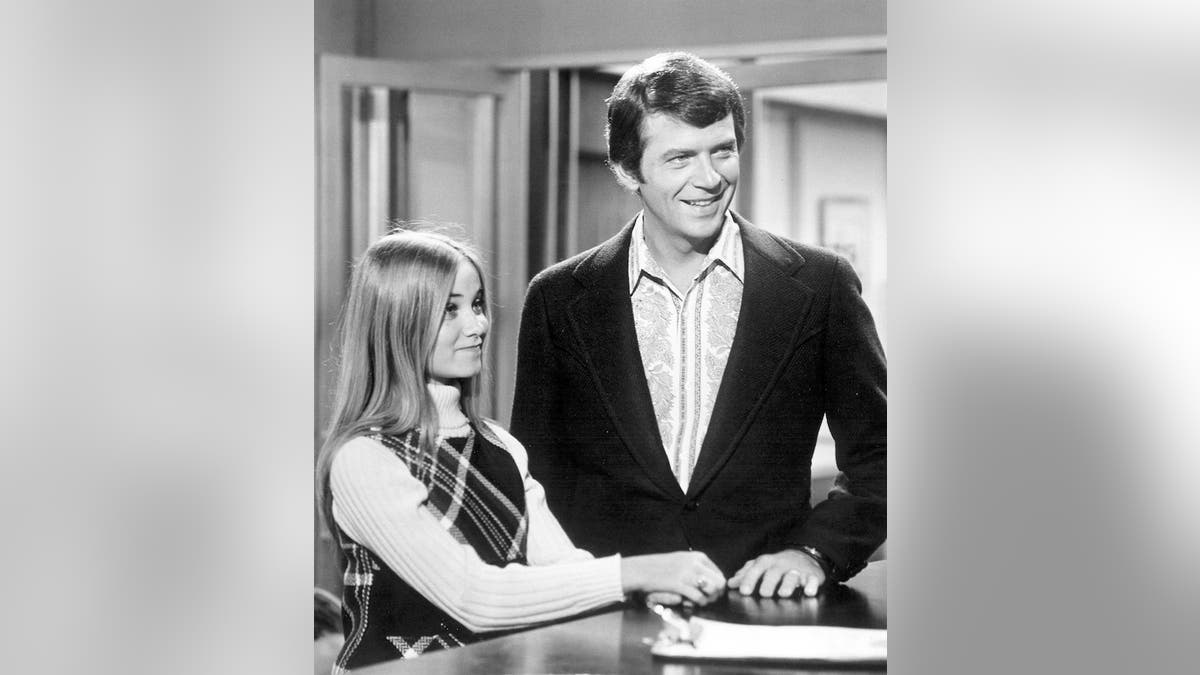 "Getting Davy Jones" - Season Three - 12/10/71, As the president of the Davy Jones fan club, Marcia (Maureen McCormick) promised to deliver the singer to her school but had no way of getting in touch with him. Robert Reed (Mike) also starred., (Photo by Walt Disney Television via Getty Images Photo Archives/Walt Disney Television via Getty Images)