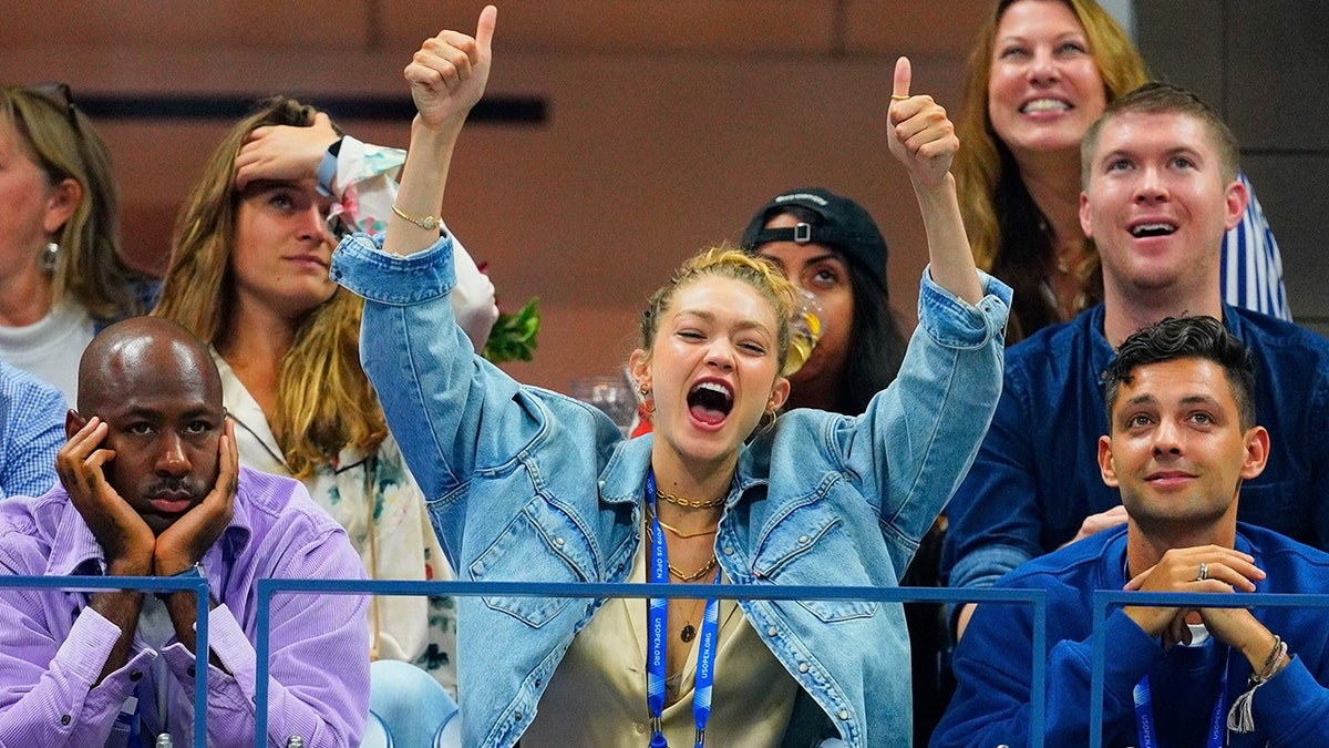 Gigi Hadid watches the Serena Williams vs Catherine McNally match at the 2019 US Open at the USTA Billie Jean King National Tennis Center on August 28, 2019 in New York City.