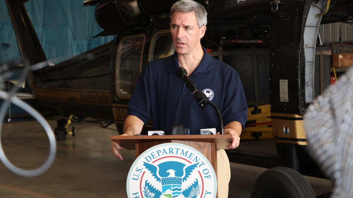 U.S. Citizenship and Immigration Services Acting Director Ken Cuccinelli addresses reporters after touring the border in McAllen, Texas. (Adam Shaw/Fox News)
