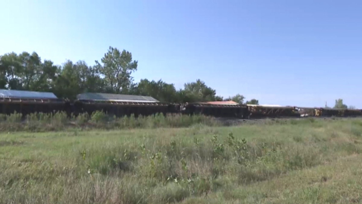 Dozens of train cars were blown off the tracks in Walton, Kansas, after strong gusts from passing thunderstorms just before midnight on Sunday.