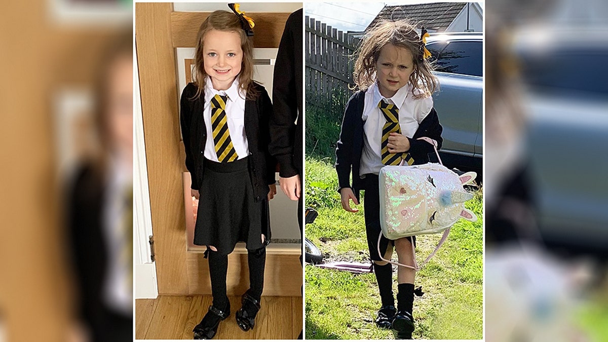 One adorably frazzled picture taken after a five-year-old girl’s first day back at school has gone massively viral on Facebook, though her mother is still mystified as to how the youngster got so messy in the first place.