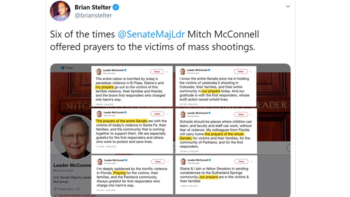 CNN's Brian Stelter criticized McConnell for offering prayers after recent mass shootings.