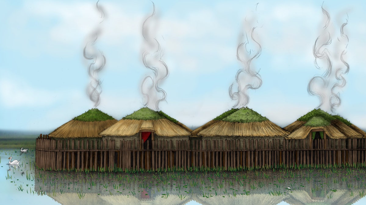 Illustrated reconstruction of Must Farm stilt houses.
