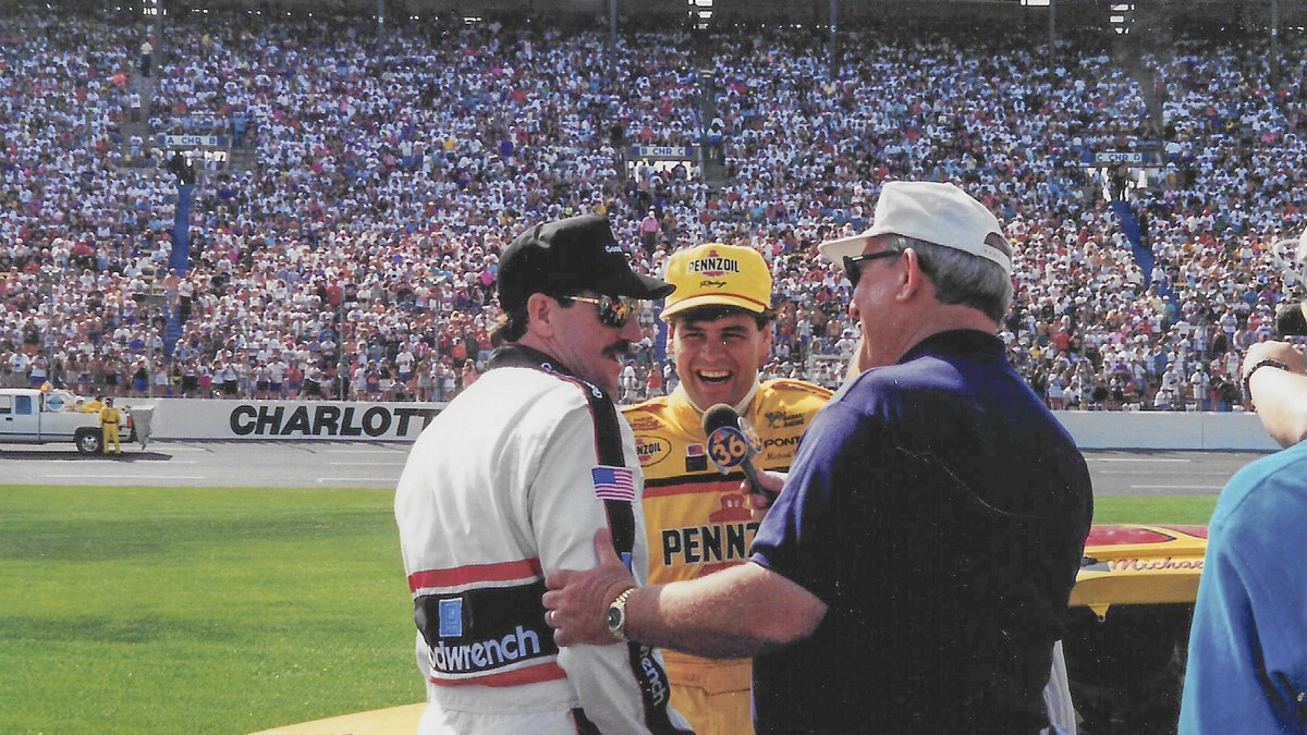 Charlotte Motor Speedway in the early 90s. Benny Parsons interviews Dale Earnhardt Sr and Michael Waltrip.