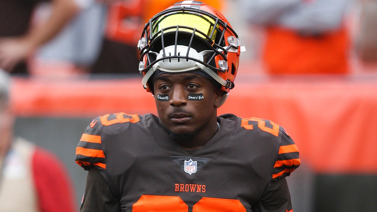 FILE - In this Oct. 7, 2018, file photo, Cleveland Browns running back Duke Johnson (29) warms up before an NFL football game against the Baltimore Ravens, in Cleveland. The Browns have traded disgruntled running back Duke Johnson, Thursday, Aug. 8, 2019, to the Houston Texans for an undisclosed 2020 draft pick. (AP Photo/Ron Schwane, File)