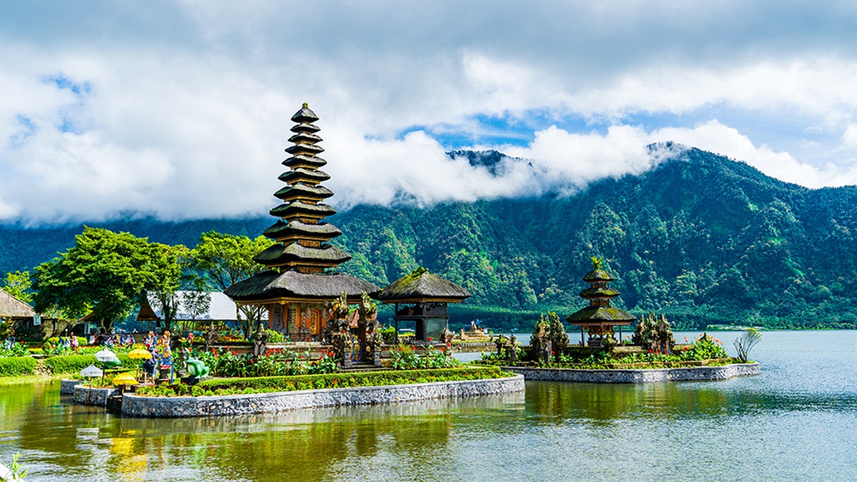 An external shot of a temple on the Beratan lake in Bali.