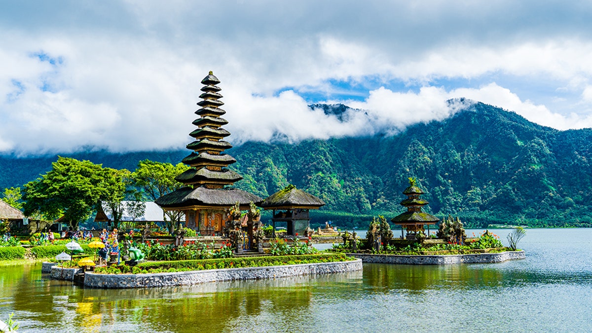 An external shot of a temple on the Beratan lake in Bali.