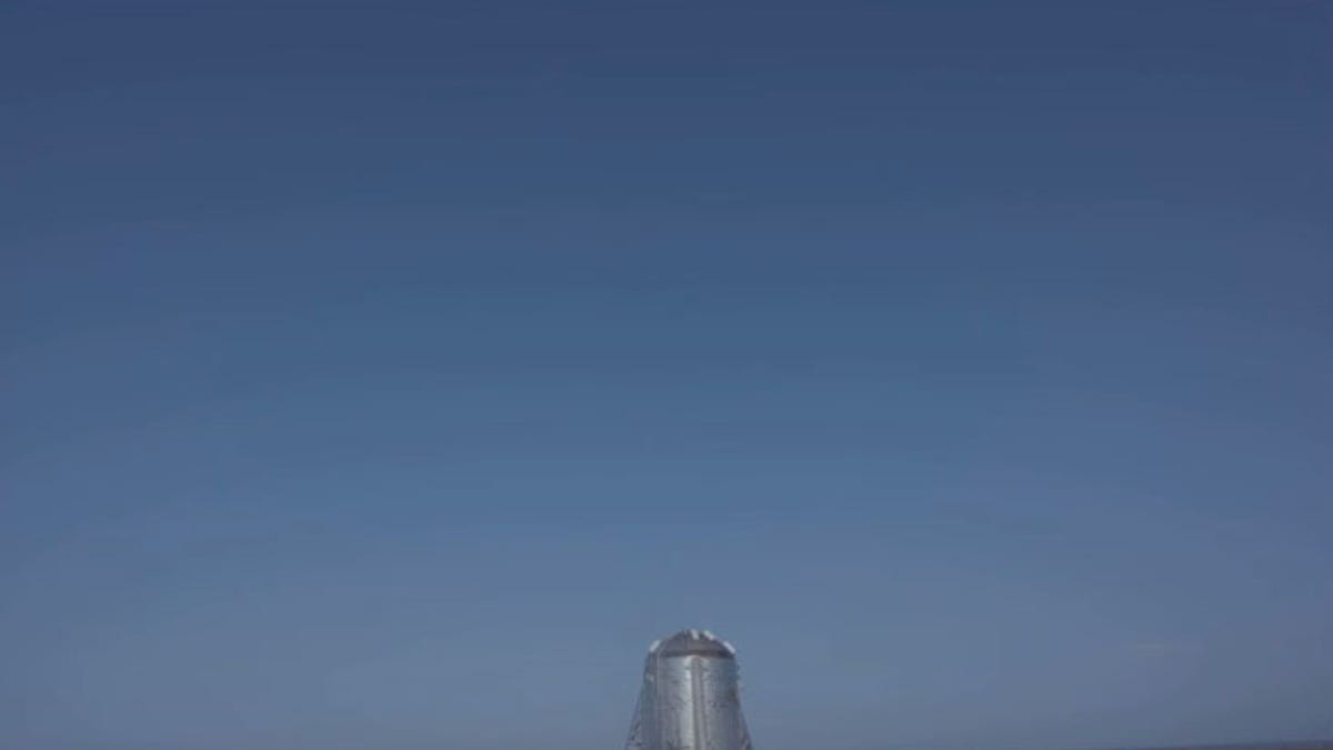 SpaceX's Starhopper prototype is seen just after a launch abort at the company's South Texas test site near Boca Chica Village on Aug. 26, 2019.