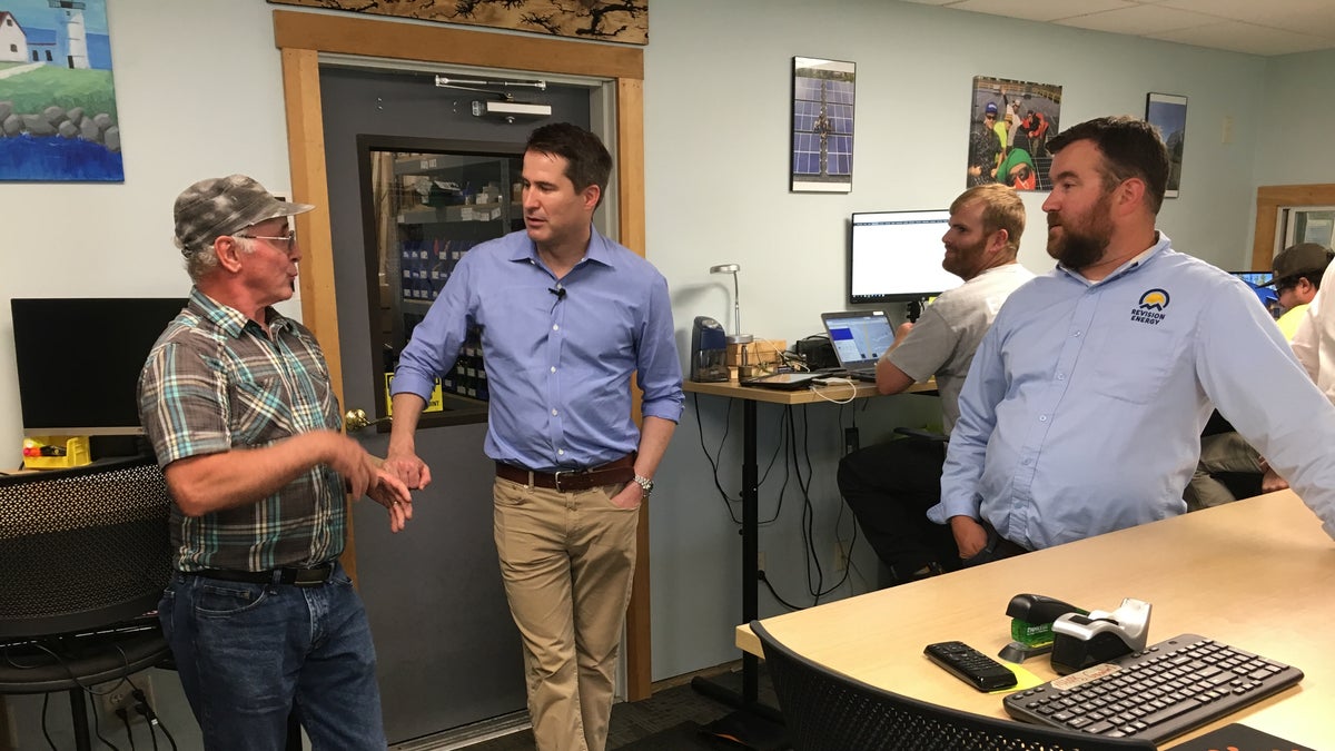 Rep. Seth Moulton of Massachusetts, a Democratic presidential candidate, meets with employees of solar power company Revision Energy, at the offices in Brentwood, NH on August 7, 2019