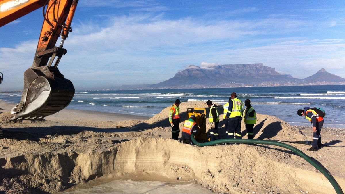 Test excavations in the search for the ‘Haarlem’, with Table Bay and Table Mountain in the background. (©AIMURE/Bruno Werz)