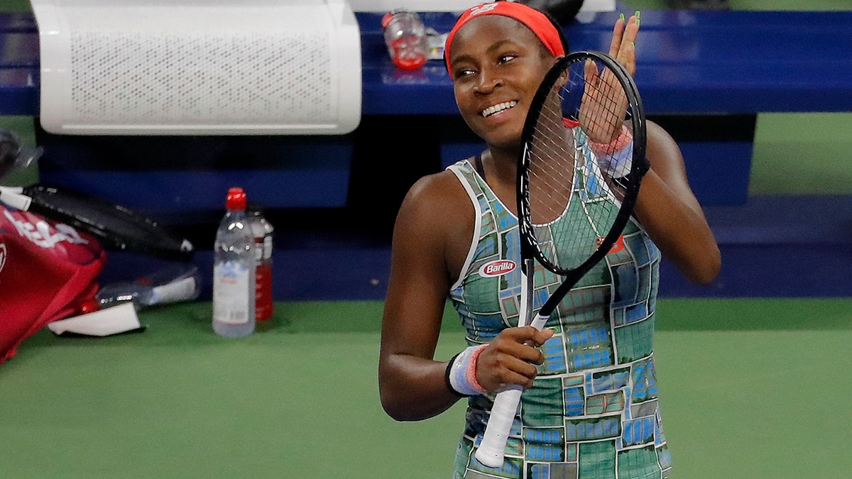 Coco Gauff, of the United States, reacts after defeating Anastasia Potapova, of Russia, during the first round of the US Open tennis tournament Tuesday, Aug. 27, 2019, in New York. (AP Photo/Julie Jacobson)