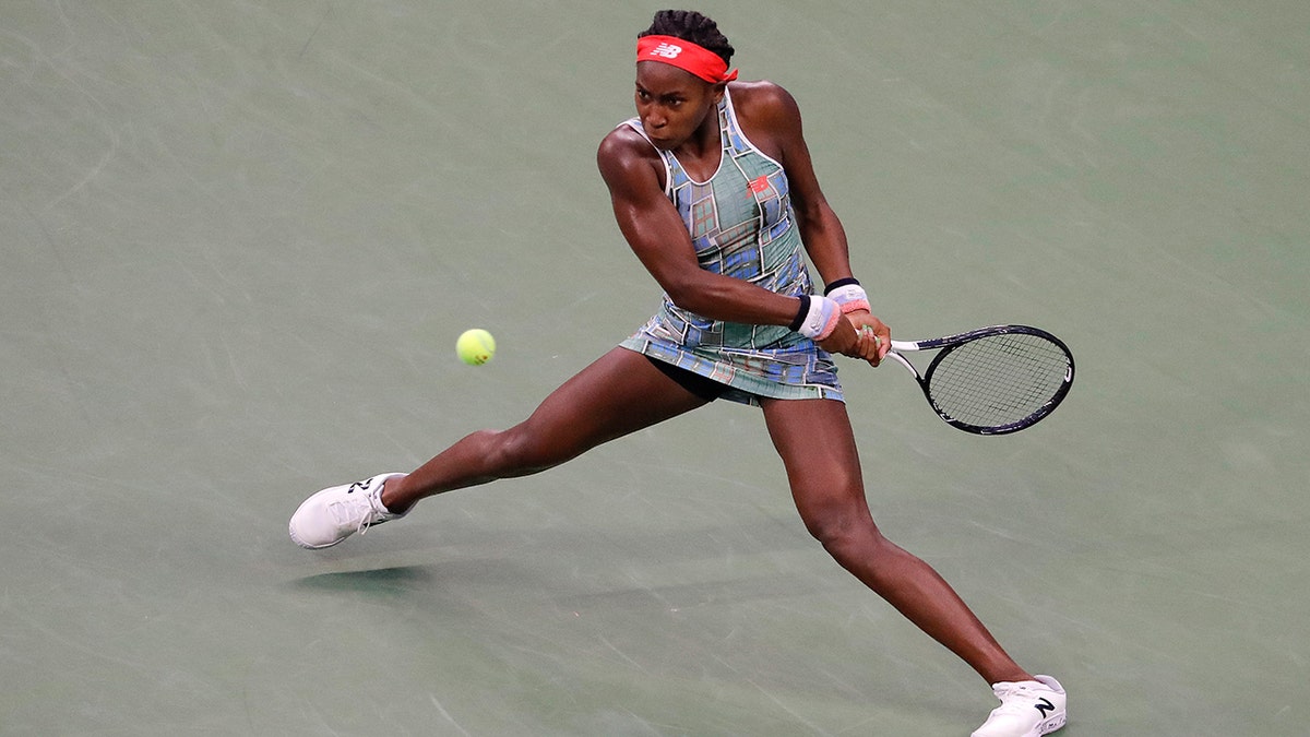 Coco Gauff, of the United States, returns a shot to Anastasia Potapova, of Russia, during the first round of the US Open tennis tournament Tuesday, Aug. 27, 2019, in New York. (AP Photo/Julie Jacobson)