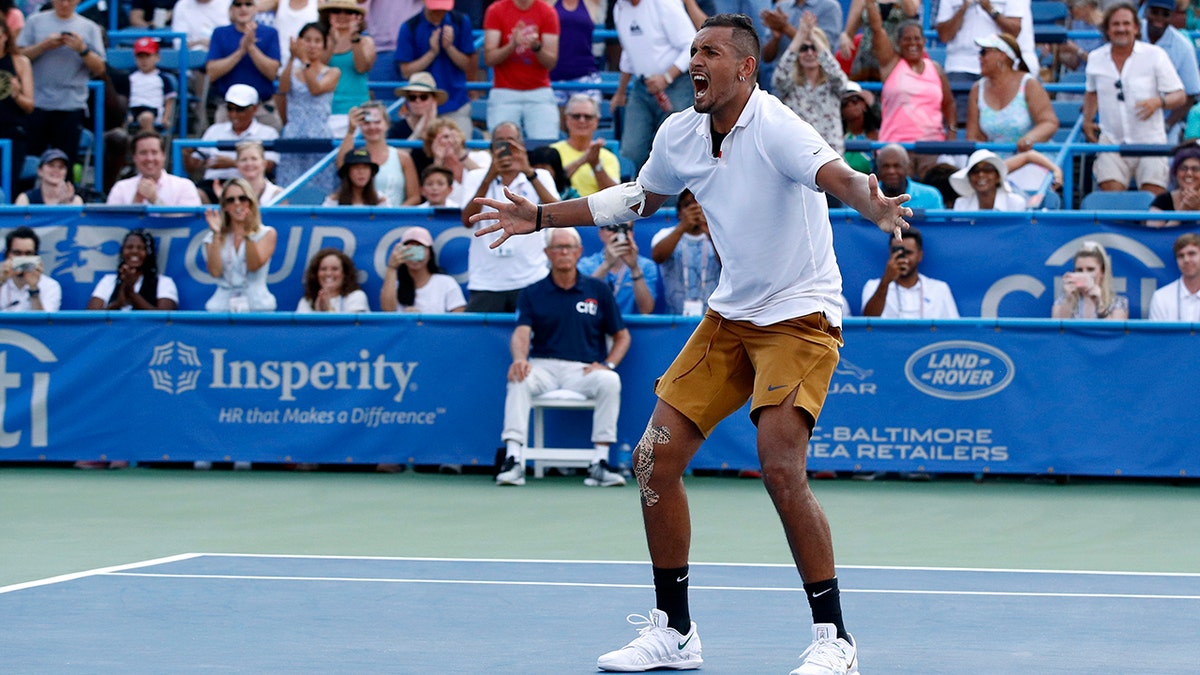 Nick Kyrgios, of Australia, reacts after defeating Daniil Medvedev, of Russia, in a final match at the Citi Open tennis tournament, Sunday, Aug. 4, 2019, in Washington. (AP Photo/Patrick Semansky)