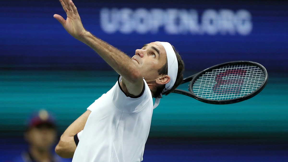 Roger Federer, of Switzerland, serves to Damir Dzumhur, of Bosnia, during the second round of the US Open tennis championships Wednesday, Aug. 28, 2019, in New York. (AP Photo/Eduardo Munoz Alvarez)