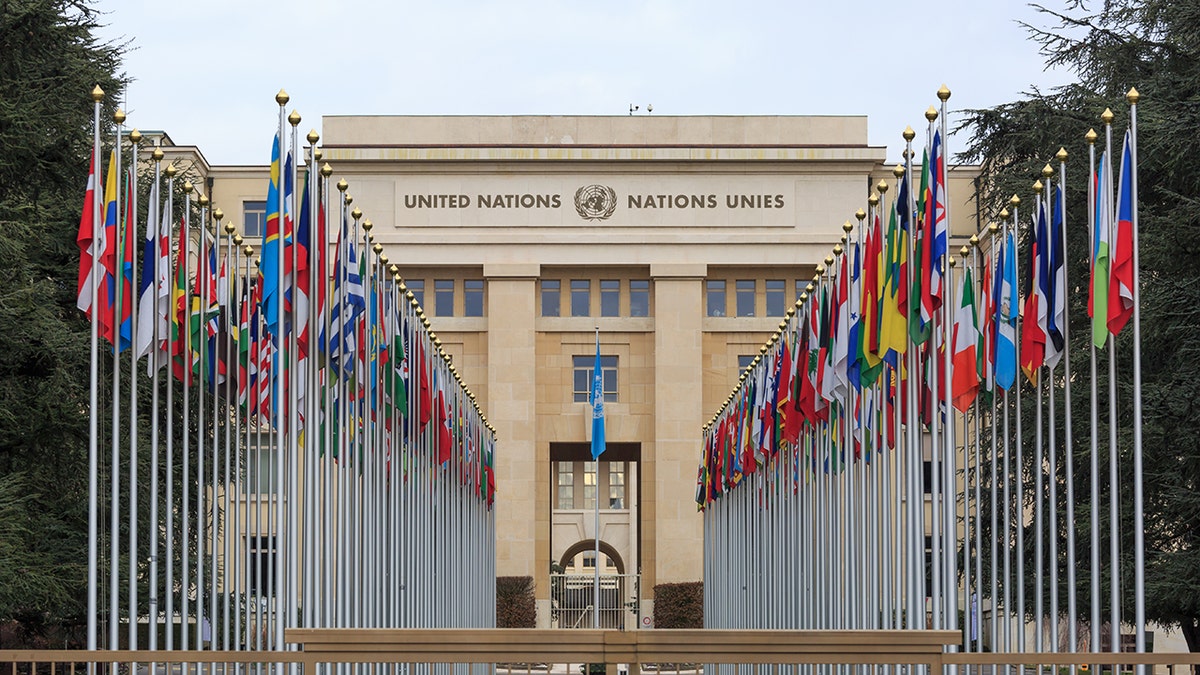 Allee des Nations (Avenue of Nations) of the United Nations Palace in Geneva, with the flags of the member countries.