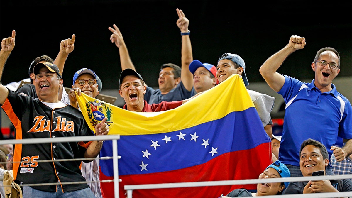 Baseball fans showing their support of Venezuelan players as the Miami Marlins hosted the Cleveland Indians at Marlins Park in Miami this past April. (Al Diaz/Miami Herald/TNS via Getty Images, File)