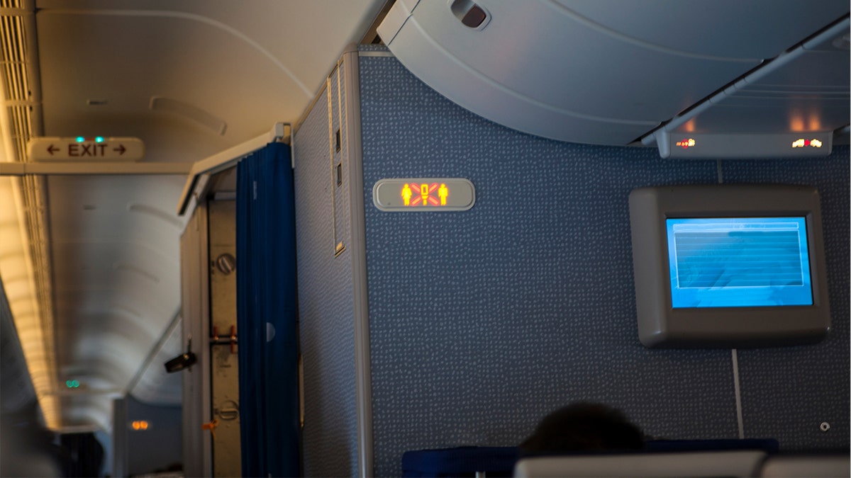 A stock image of an external shot of an airplane restroom.