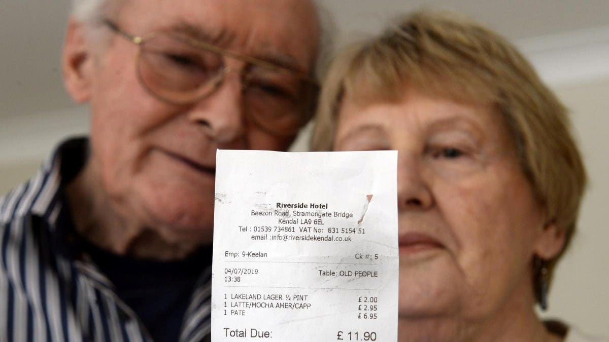 Phyllis and Robert Hidden noticed the "terrible" wording on their receipt after enjoying a lunchtime drink and a bite to eat last month.