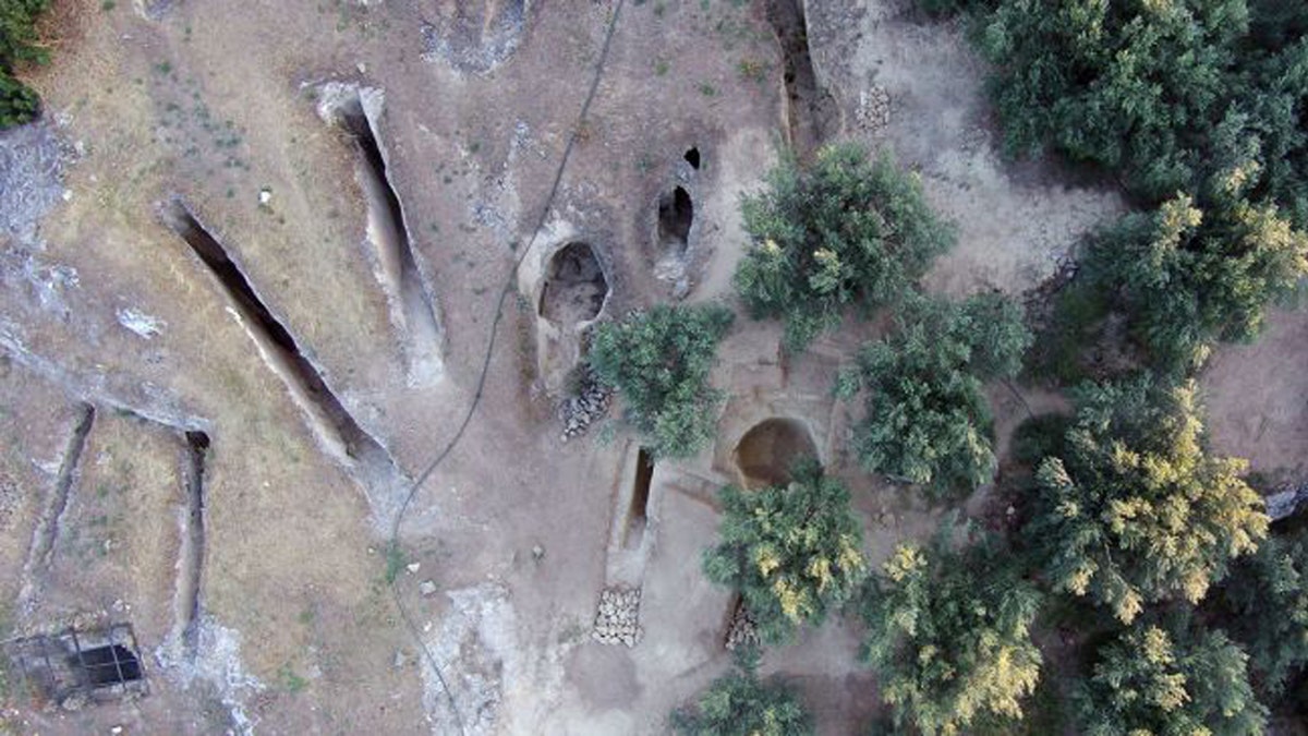 A bird's-eye view showing the two newly discovered tombs on the eastern side of the Mycenaean cemetery at Aidonia, next to tombs from a previous excavation.(Credit: Ephorate of Antiquities of Corinth)