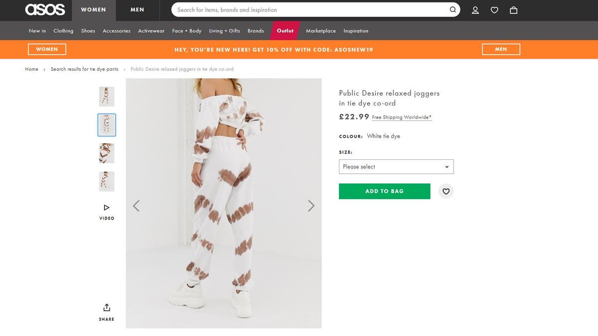 The pair of tie-dye pants sold online by ASOS is being mocked for its “poopy” color choice and placement.